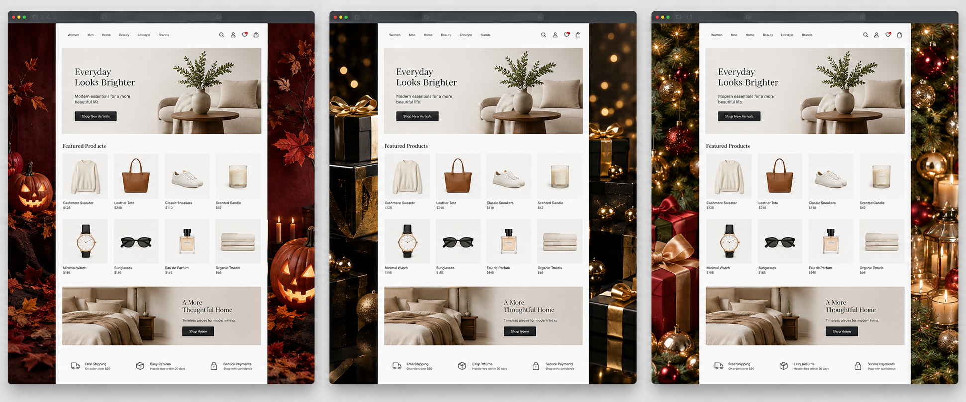 La misma tienda online con campañas laterales de Halloween, Black Friday y Navidad